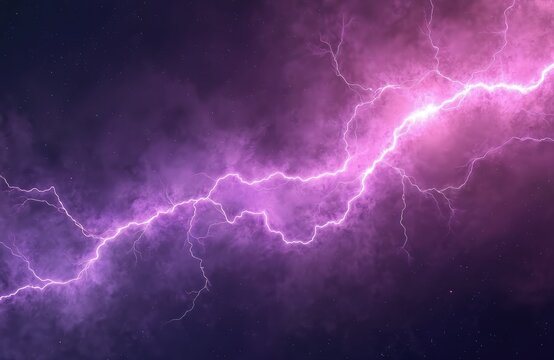 Computer generated abstract background with purple lightning in space. Neon plasma explosion electricity with electric power glow and fractal light energy bolt on dark sky.