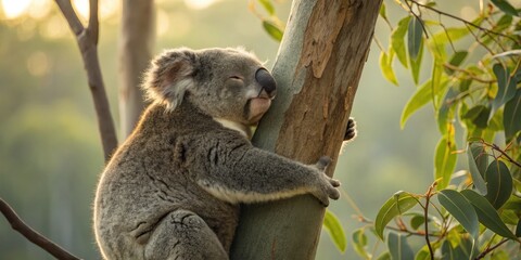 Obraz premium Koala clinging to eucalyptus tree australian bush wildlife photography natural environment close-up perspective conservation awareness