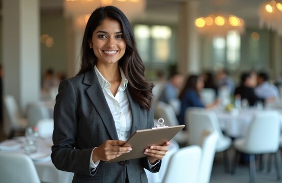 Young Indian woman organizes marketing event. Pro event coordinator holds clipboard. Venue with round tables, people in background. Event management, planning, logistic, organizing, schedule,