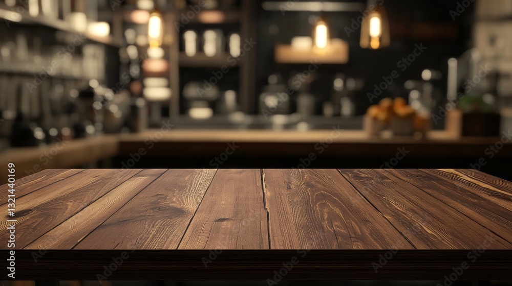 Poster wooden table top stands out in a softly blurred kitchen, creating a cozy backdrop. dim light and mod