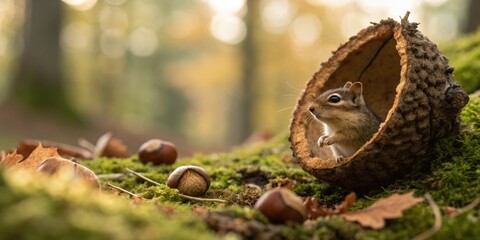 Obraz premium Curious chipmunk exploring acorn shell forest clearing wildlife photography autumn atmosphere close-up view nature's beauty