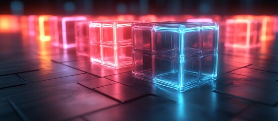 Fototapeta premium Neon Glowing Cubes on Dark Surface Showcasing Modern Technology