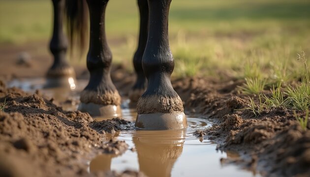 Close-up of horse hooves walking through muddy field after rain. Dark equine legs in brown puddle. Wet dirt ground texture, detail. Farm animal hoof powerful, stable, strong. Rural, rustic landscape.