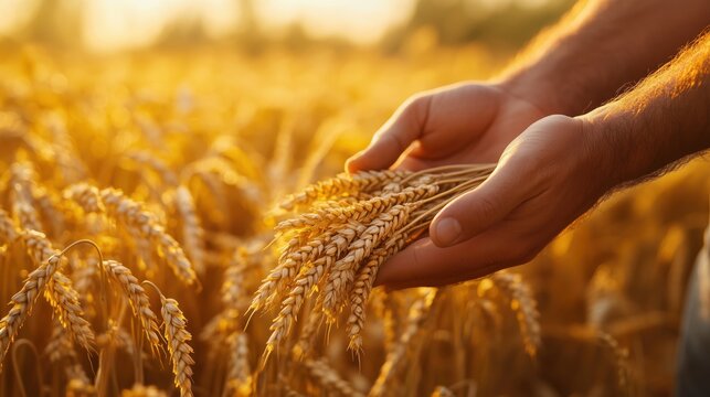 Close-up of hands holding wheat grains in a golden field, with copy space on the right side. The concept symbolizes the harvest season and rural lifestyle. Warm color tone. Golden hour lighting.