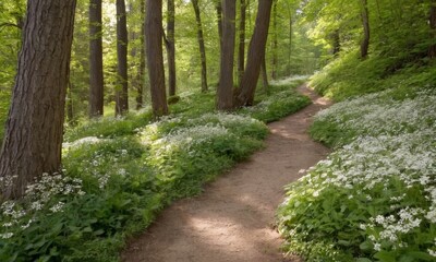 Obraz premium Idyllic woodland path lined with wild garlic in full bloom creating a scenic nature scene, evoking tranquility and natural beauty