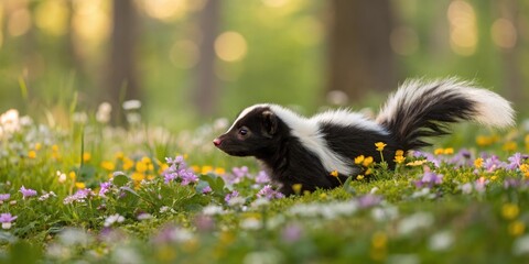 Naklejka premium Skunk foraging among colorful wildflowers in a serene forest setting showcasing the beauty of nature and wildlife in a peaceful environment