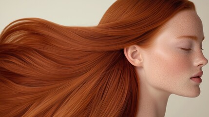A gorgeous red-haired model with long, flowing locks appears in the ad for her upscale and professional hairstyling service company.