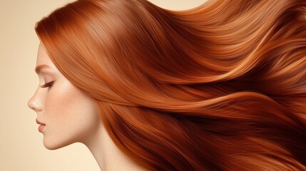 Naklejka premium A stunning red-haired model with long, flowing hair is showcased in the advertisement for her professional and high-end hairstyling service company. 
