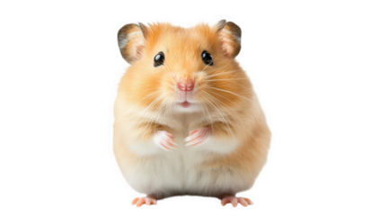 close-up a cute fluffy hamster with a light orange coat and bright eyes standing upright with its paws together. adorable nature of small pet ideal for animal lovers