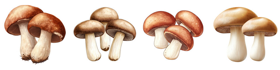 Fototapeta premium Variety of Freshly Harvested Edible Mushrooms Displayed in a Natural Forest Environment Seasonal Autumn Mushroom Foraging and Culinary Ingredients