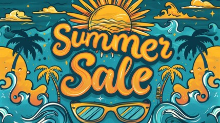 Summer sale graphic design, tropical beach background, promotional illustration