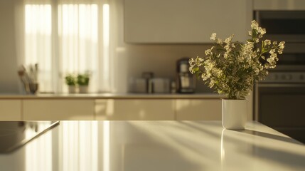 Fototapeta premium Bright, modern kitchen interior with white furniture