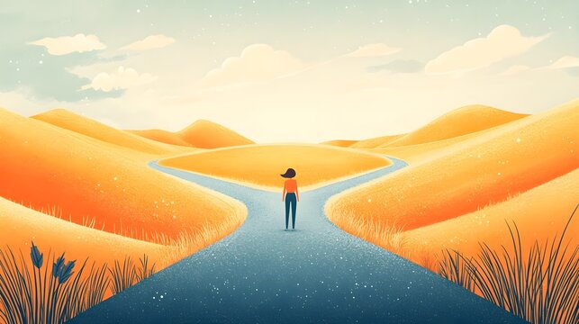 Illustration of a person standing at a fork in the road with two paths.