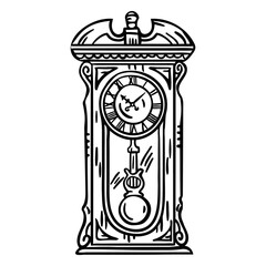 Timeless Precision: A classic pendulum clock, rendered in an elegant black and white outline, exudes a sense of history and the enduring passage of time.
