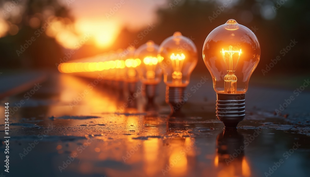 Aufkleber illuminated light bulbs in row sunset. innovation pipeline from idea to market. concept of innovatio
