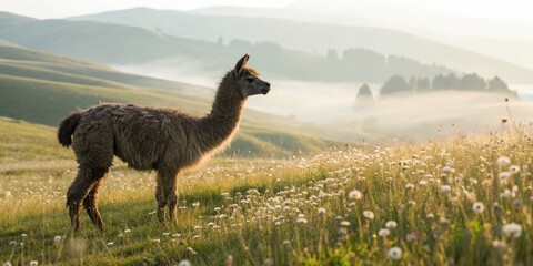 Llama grazing in lush green hills scenic landscape nature photography serene environment morning light wildlife concept