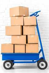 Stacked cardboard boxes on a blue hand truck against a white brick wall