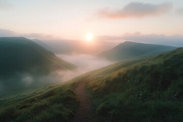 Obraz premium Misty Sunrise Mountain Valley Path