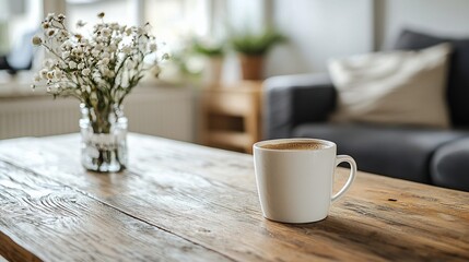 Cozy coffee break on rustic wooden coffee table with flowers, living room in background