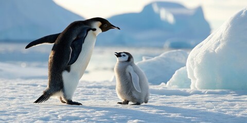 Penguin parenting interaction antarctic ice wildlife photography frozen landscape close-up view nurturing behavior