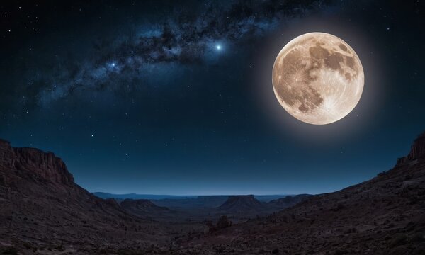 Magnificent full moon rising above a rugged desert landscape at night