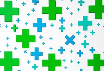 Obraz premium Abstract medical/mathematical cross pattern; green plus symbols on white, blue crosses on cyan, stars, care, blue