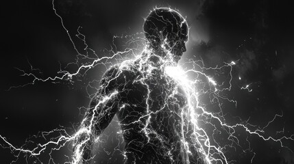 Dark Stormy Background with Thunderclouds and a Man Silhouette Surrounded by Lightning Effects in a Dramatic Scene