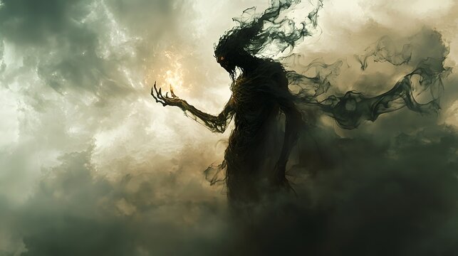 53. A shadowy trickster god emerging from swirling mist, holding a glowing relic