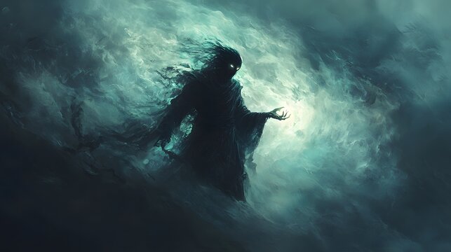 53. A shadowy trickster god emerging from swirling mist, holding a glowing relic