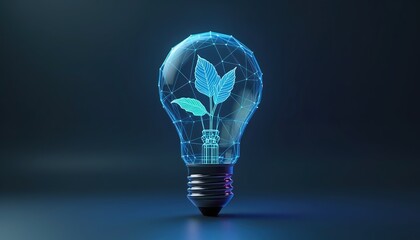 A blue sprout grows inside wireframe light bulb. Image shows energy-saving, eco-friendly practices. Using less electricity helps environment. Innovation concept of green tech, alternative energy.