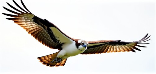 Fototapeta premium Illustration of Osprey Pandion haliaetus in flight. Raptor soars, hunts. Bird of prey wings spread in sky. Cutout, isolated, photorealistic wildlife, nature theme. Predator with feathers, talon,