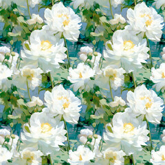 White Peony Flower Pattern Seamless Background