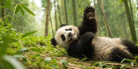 Obraz premium Playful panda cub waving bamboo forest wildlife photography lush green environment close-up view endangered species awareness