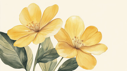 An exquisite hand-painted watercolor illustration of bright yellow wildflowers, each petal intricately detailed with subtle tonal variations. The rich green leaves create a dynamic contrast, highlig