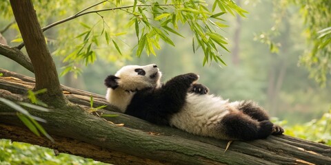 Obraz premium Panda relaxing on a log bamboo forest wildlife photography peaceful environment close-up view nature's serenity