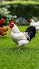 Fototapeta premium A striking black rooster with a white head and red tail stands on lush green grass, surrounded by other chickens searching for food