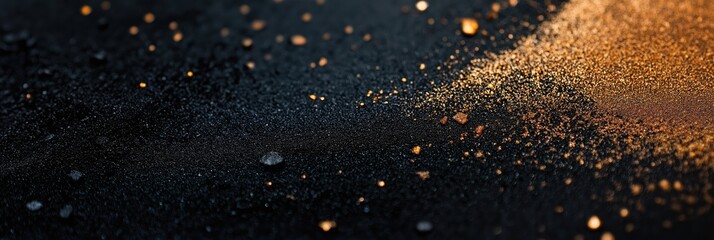 Fototapeta premium An abstract composition showcasing shimmering gold dust scattered across a dark surface, inviting viewers into a world of texture and poetic visual inquiry.