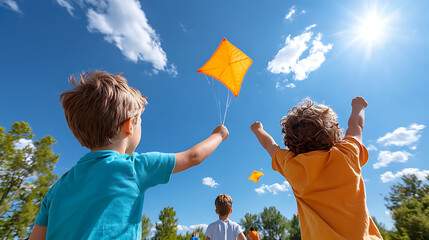 Children flying colorful kites in a bright blue sky outdoor park photography daylight low angle joyful moments