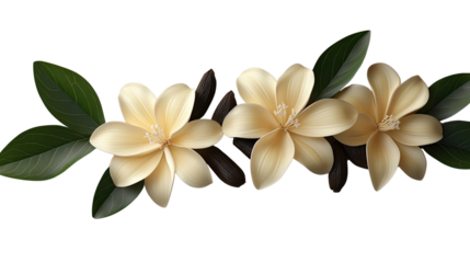 Floral Elegance: A delicate floral arrangement of creamy, star-shaped flowers, complemented by lush green foliage and dark, textured stems, creates a serene and aesthetically pleasing display.