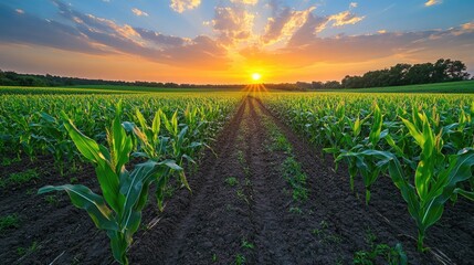 corn field or maize plantation field at agriculture farm in the morning sunrise