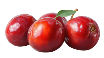 Rich Red Fruits: A collection of vibrant red fruits with smooth, glossy skin, arranged invitingly with a fresh green leaf, presenting a delicious and healthy treat.