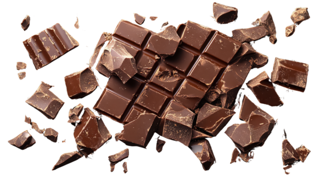 Chocolate Explosion: A delicious explosion of chocolate bars and pieces, showcasing the rich texture and inviting darkness of the cocoa.