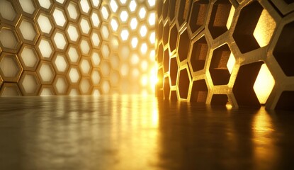 Golden honeycomb pattern backdrop with warm lighting and reflective floor.