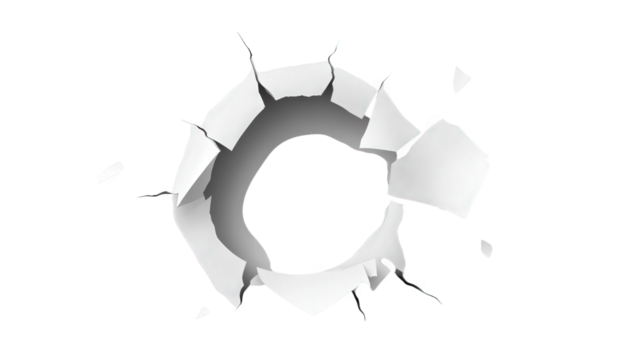 a circular hole in a white surface with cracks radiating outward suggesting a dramatic break or impact it conveys a sense of depth and potential for exploration beyond the surface