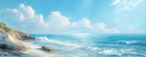 Tranquil seascape with soft waves, sandy shore, and bright blue sky under fluffy clouds.