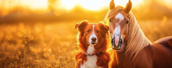 A friendly dog stands beside a beautiful horse in a field