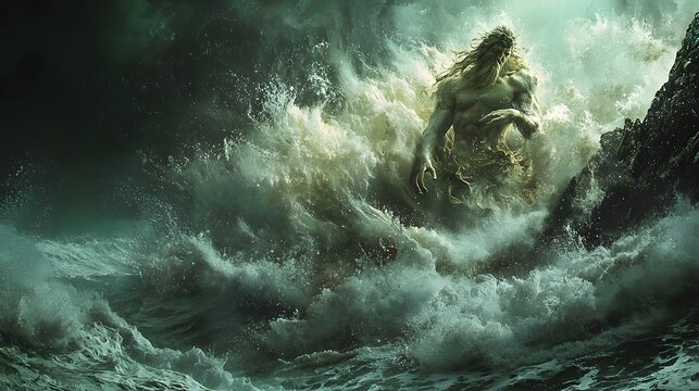 73. A sea deity emerging from crashing waves, their presence calming the storm