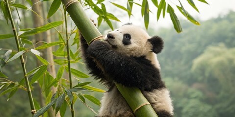 Playful panda climbing bamboo natural habitat wildlife photography lush green environment close-up view conservation awareness