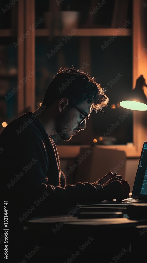 Poster a person sitting in front of a laptop with a focused expression