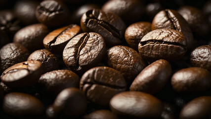 A cinematic, close-up view of freshly roasted coffee beans scattered on a dark, textured surface